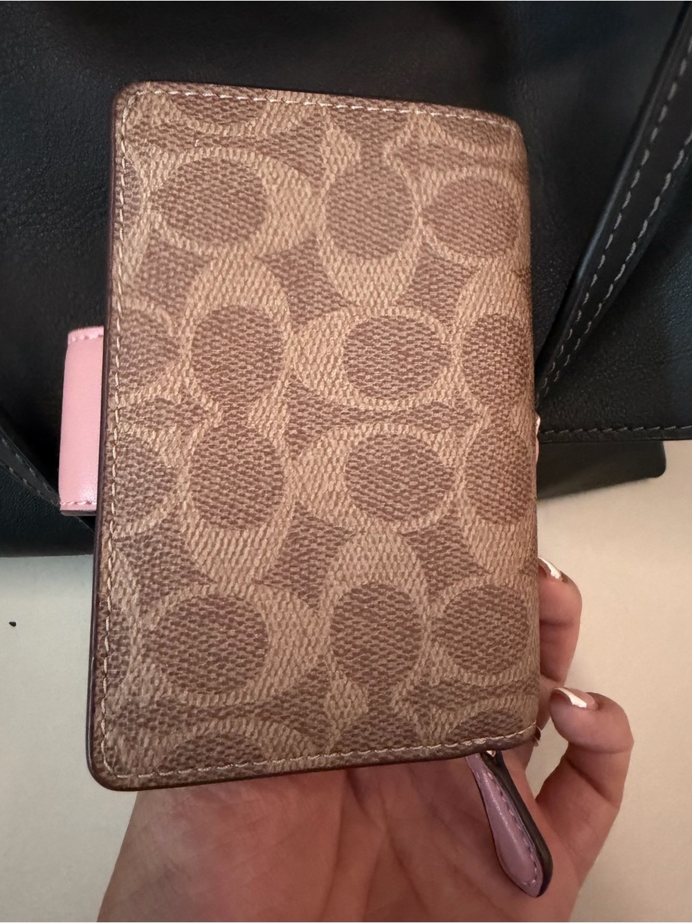 Coach Brown Signature Canvas Wallet with Pink Snap Tab - Picture 5 of 9